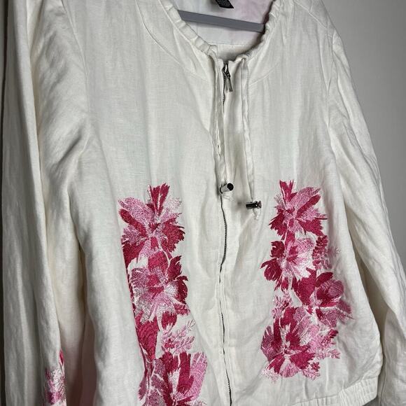 INC Jacket Womens XL White Pink Floral Embroidery Linen Zip Up Casual Bohemian - Picture 8 of 15